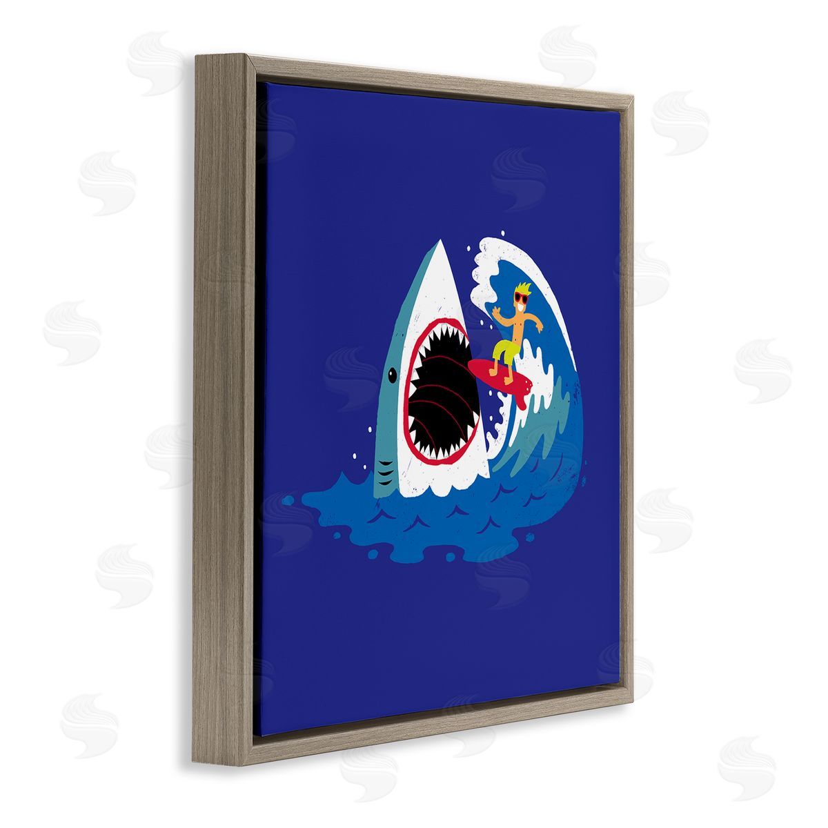 Michael Buxton Surfer Ocean Wave Shark Teeth Whimsical Beach  Brown Floating Frame Canvas Wall Art Print