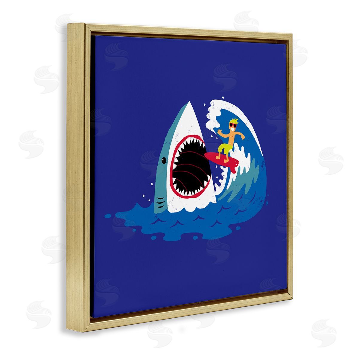 Michael Buxton Surfer Ocean Wave Shark Teeth Whimsical Beach  Gold Floating Frame Canvas Wall Art Print