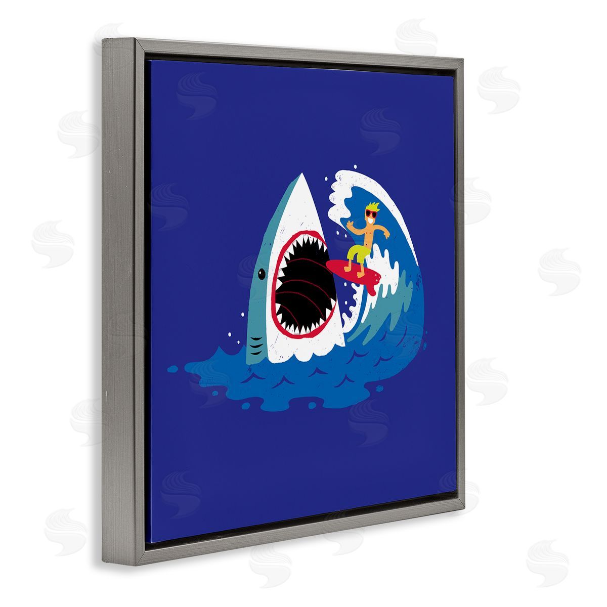 Michael Buxton Surfer Ocean Wave Shark Teeth Whimsical Beach  Gray Floating Frame Canvas Wall Art Print