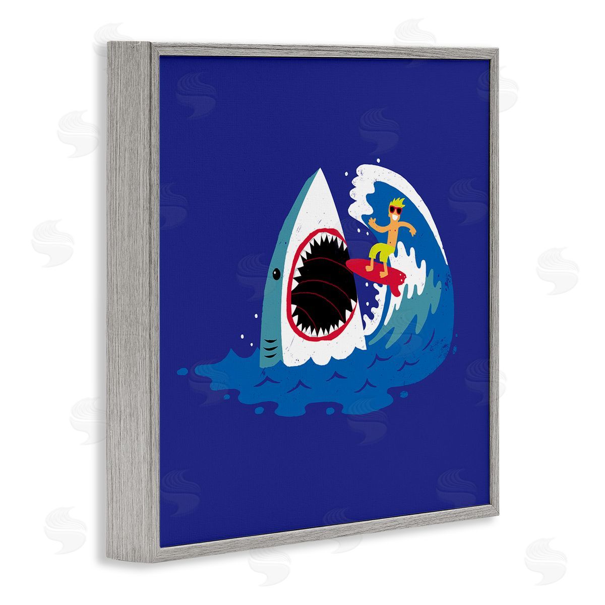 Michael Buxton Surfer Ocean Wave Shark Teeth Whimsical Beach  Gray Framed Glicee Wall Art Print