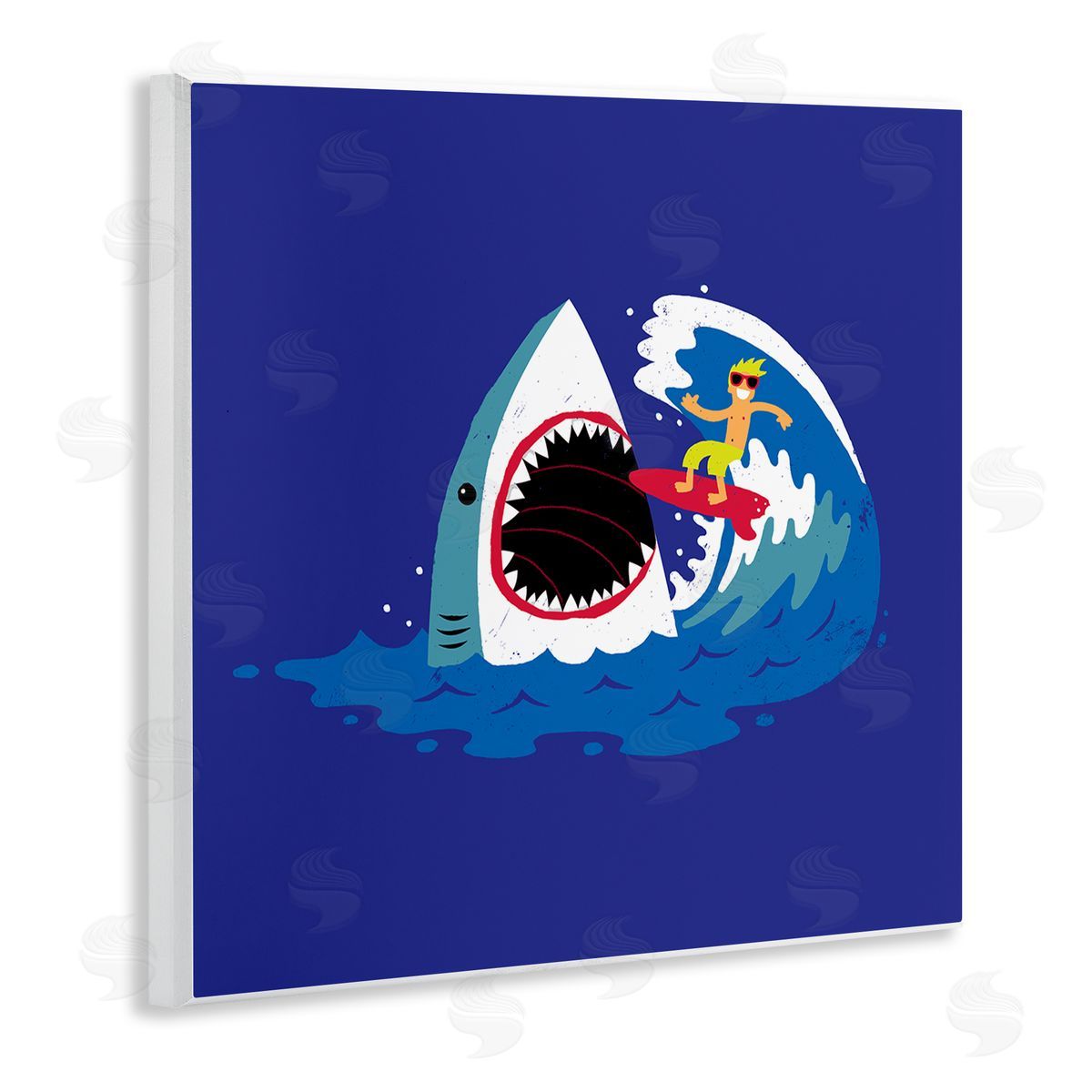 Michael Buxton Surfer Ocean Wave Shark Teeth Whimsical Beach  Wooden Wall Plaque Art Print