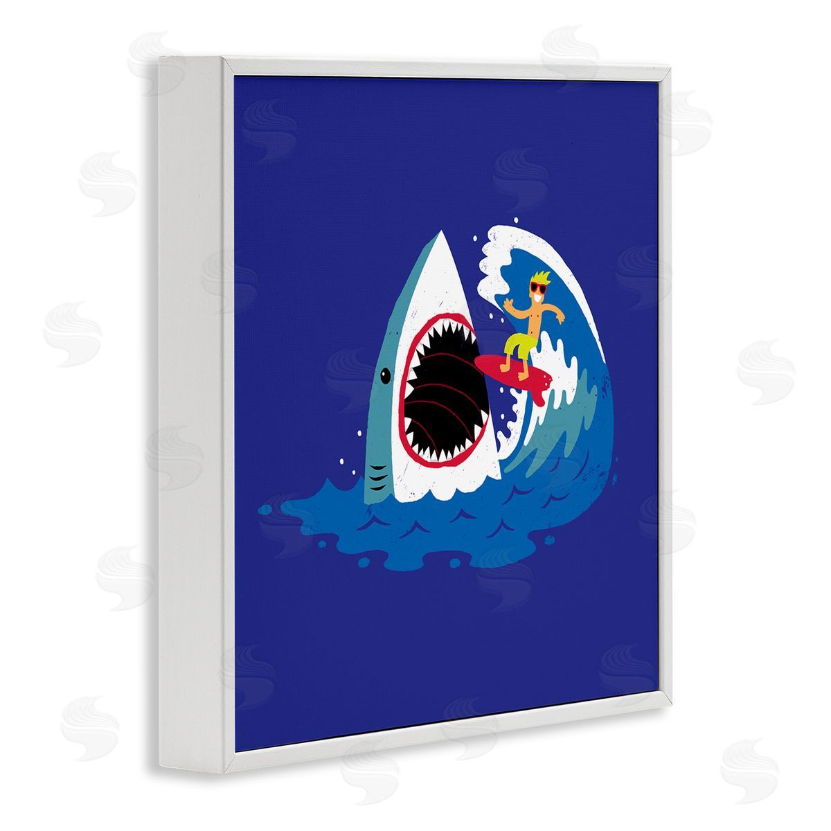 Michael Buxton Surfer Ocean Wave Shark Teeth Whimsical Beach  White Framed Glicee Wall Art Print