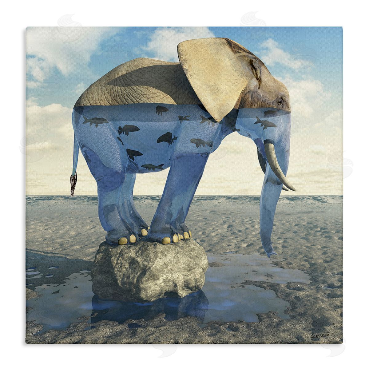 Cynthia Decker Surreal Elephant Pond Water Rock Fish Pattern Stretched Canvas Wall Art Print