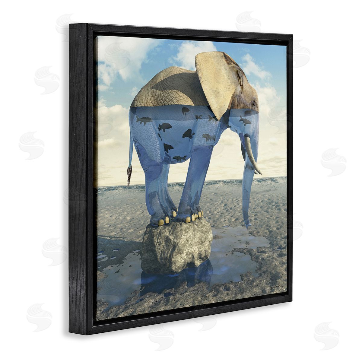 Cynthia Decker Surreal Elephant Pond Water Rock Fish Pattern Black Floating Frame Canvas Wall Art Print