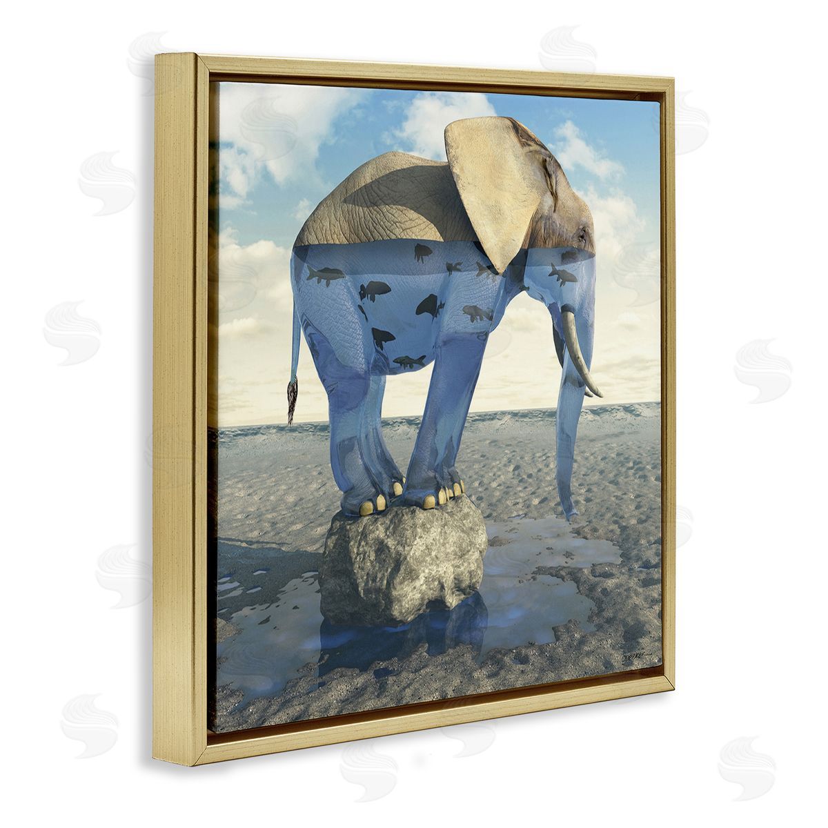 Cynthia Decker Surreal Elephant Pond Water Rock Fish Pattern Gold Floating Frame Canvas Wall Art Print