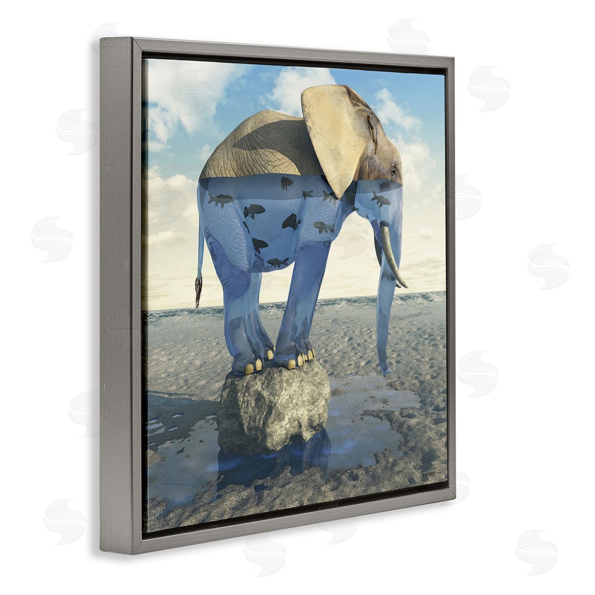 Cynthia Decker Surreal Elephant Pond Water Rock Fish Pattern Gray Floating Frame Canvas Wall Art Print