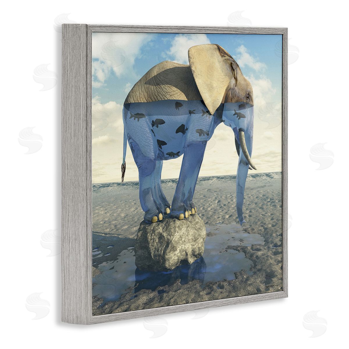 Cynthia Decker Surreal Elephant Pond Water Rock Fish Pattern Gray Framed Glicee Wall Art Print