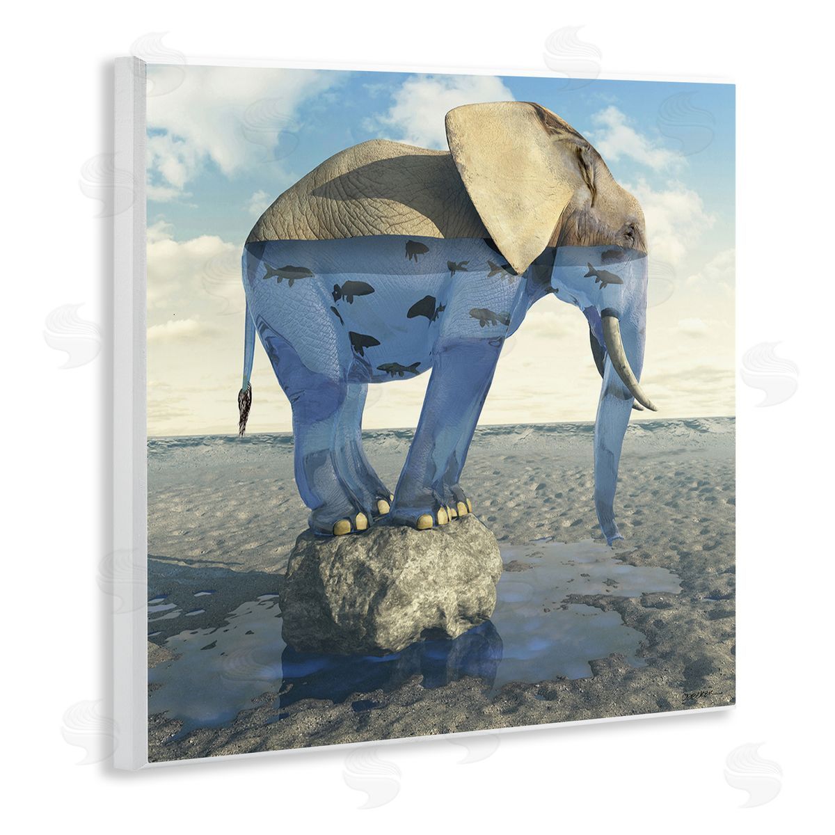 Cynthia Decker Surreal Elephant Pond Water Rock Fish Pattern Wooden Wall Plaque Art Print