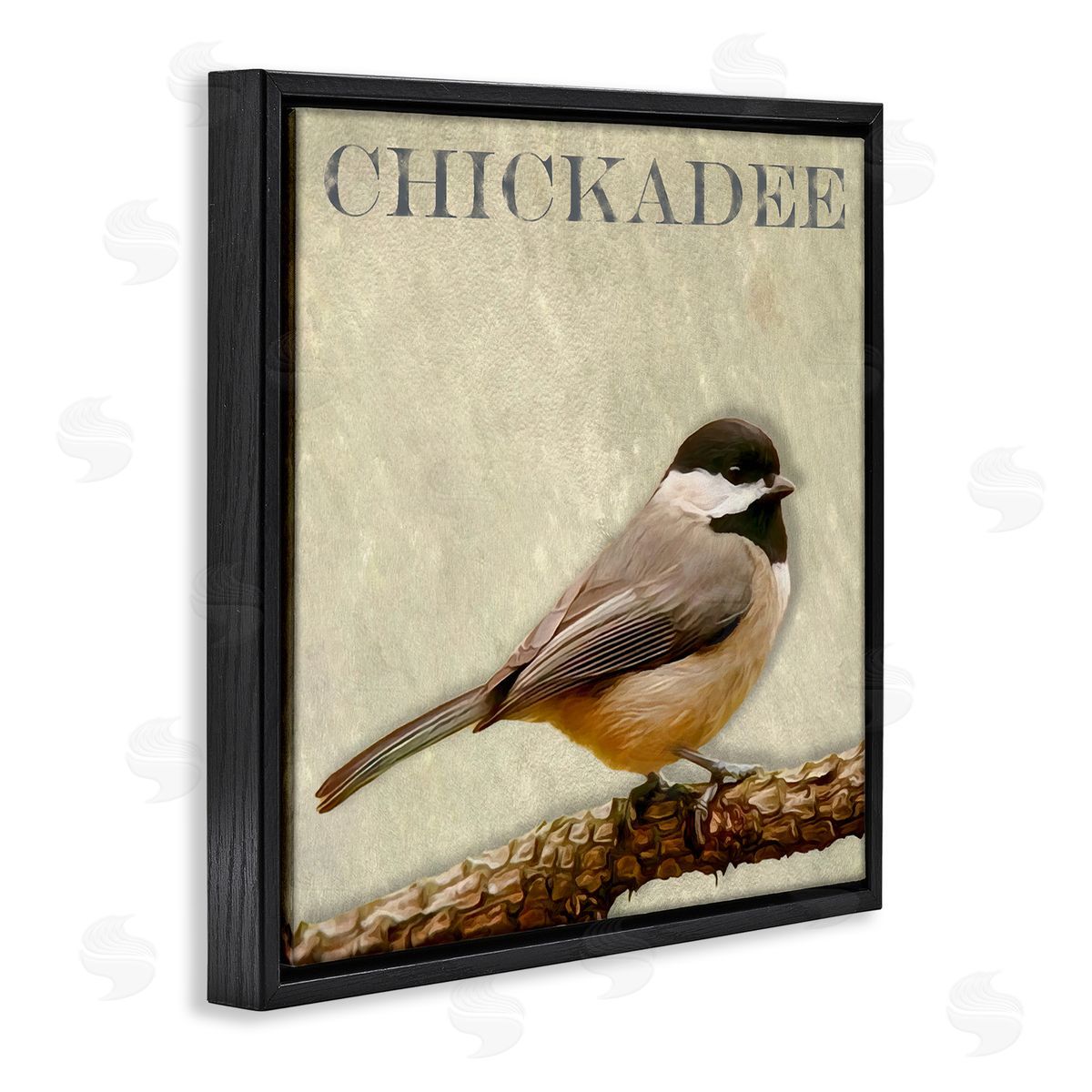 Alpenglow Workshop Chickadee Bird Tree Branch Text Illustration  Black Floating Frame Canvas Wall Art Print