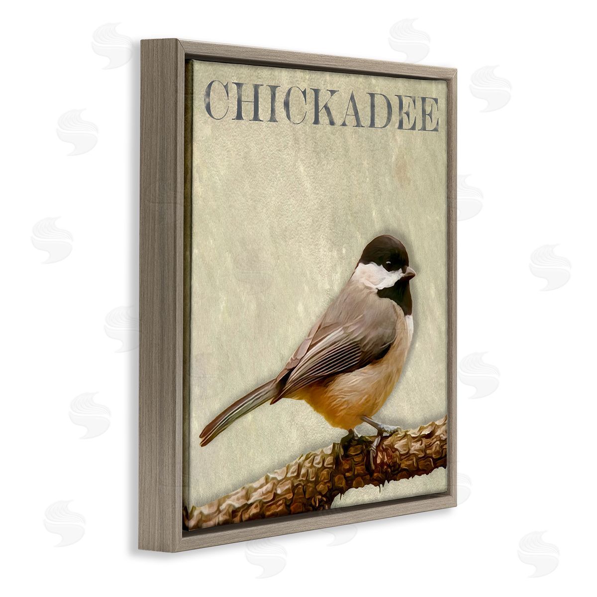 Alpenglow Workshop Chickadee Bird Tree Branch Text Illustration  Brown Floating Frame Canvas Wall Art Print
