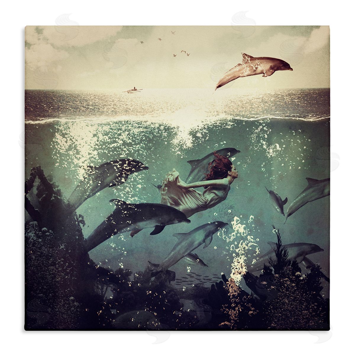 Paula Belle Flores Sea Life Mermaid Dolphins Splashing Diving Ocean Water Stretched Canvas Wall Art Print