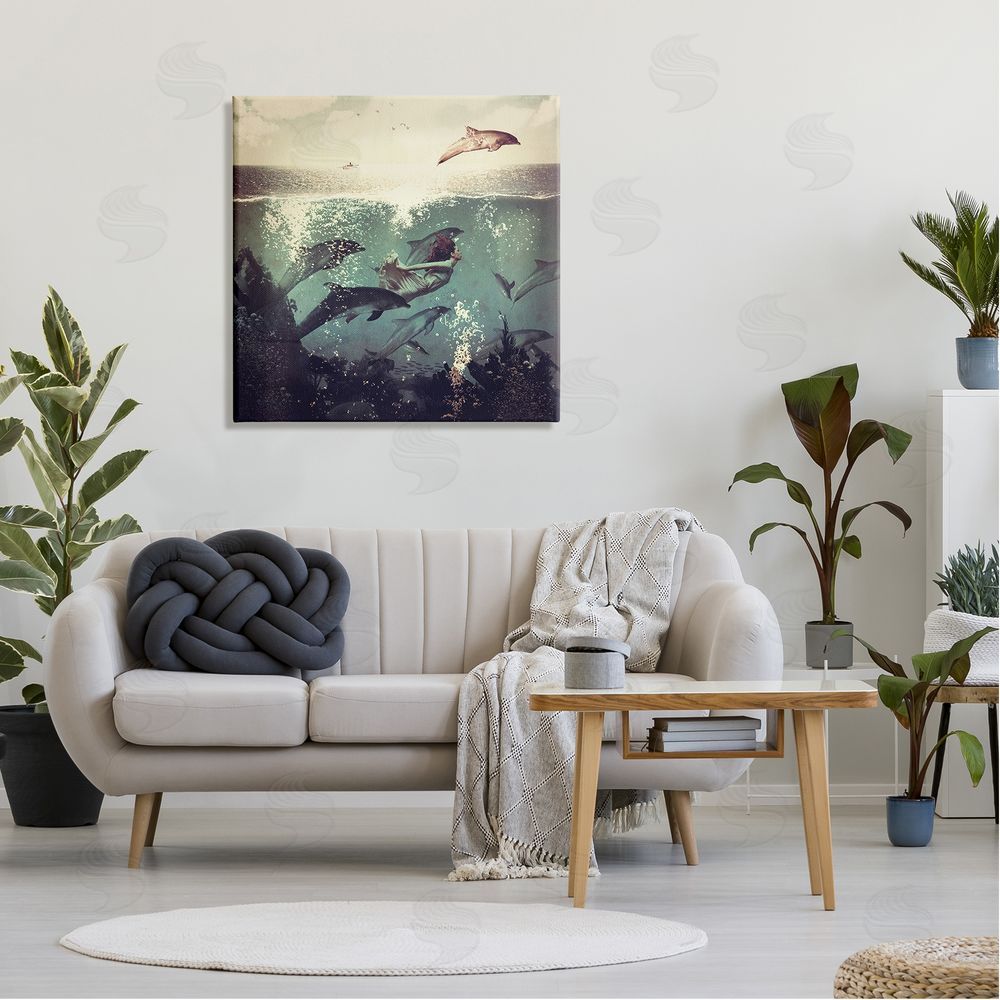 Paula Belle Flores Sea Life Mermaid Dolphins Splashing Diving Ocean Water Canvas Wall Art in Room