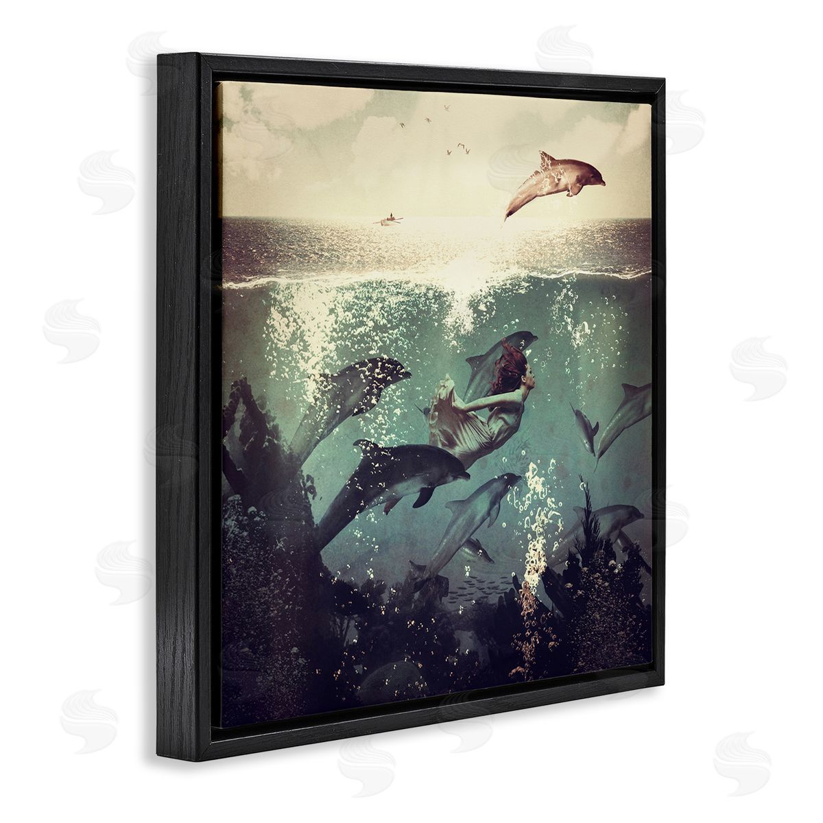 Paula Belle Flores Sea Life Mermaid Dolphins Splashing Diving Ocean Water Black Floating Frame Canvas Wall Art Print