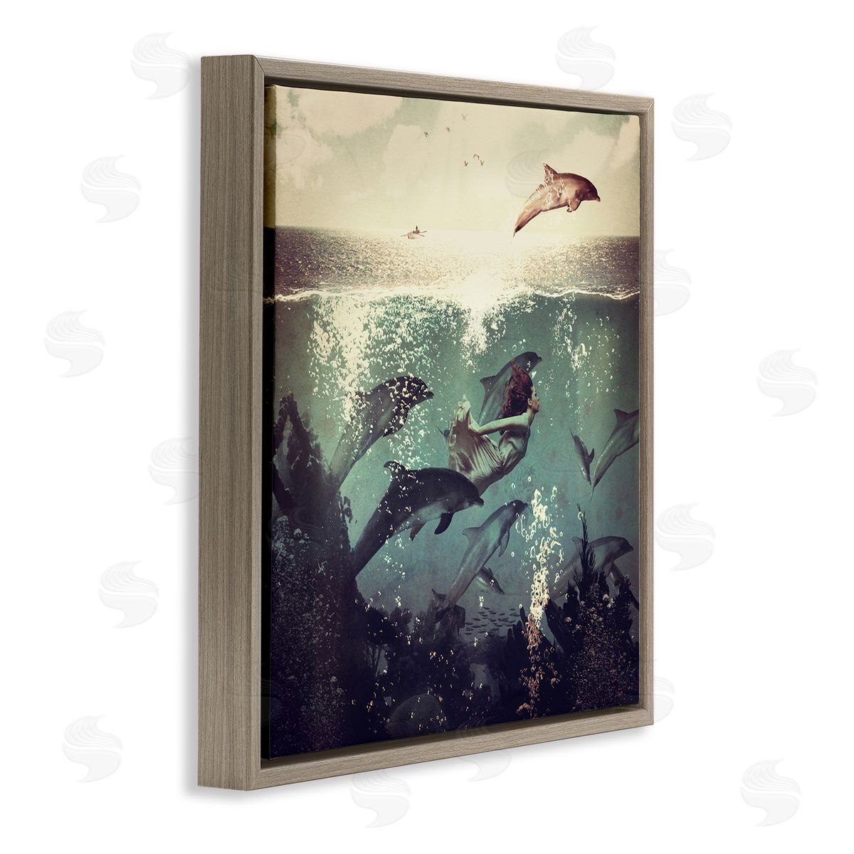 Paula Belle Flores Sea Life Mermaid Dolphins Splashing Diving Ocean Water Brown Floating Frame Canvas Wall Art Print
