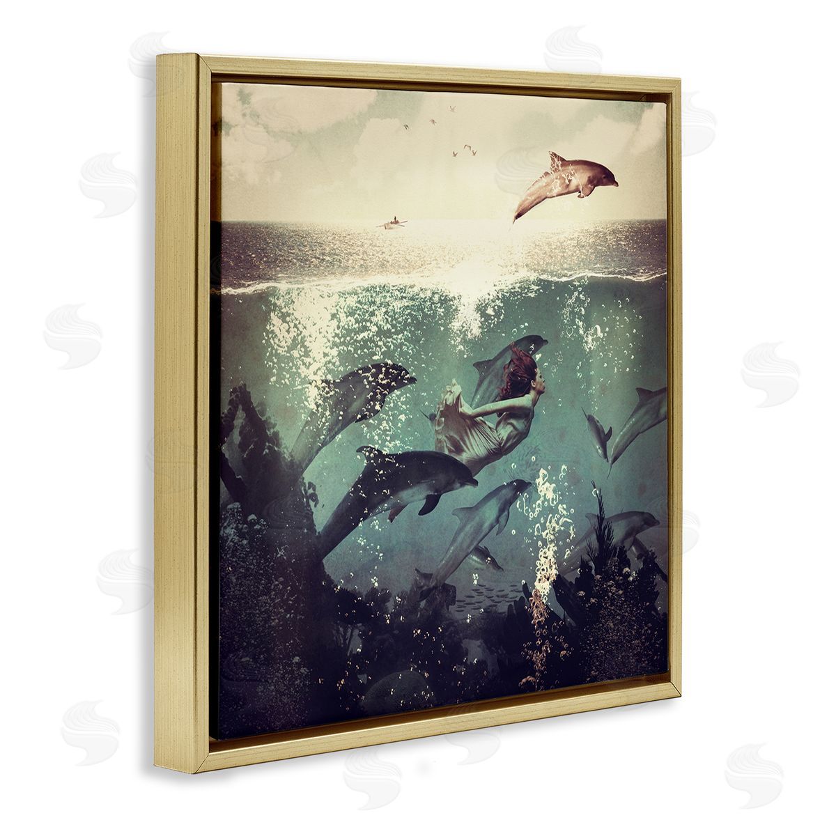 Paula Belle Flores Sea Life Mermaid Dolphins Splashing Diving Ocean Water Gold Floating Frame Canvas Wall Art Print