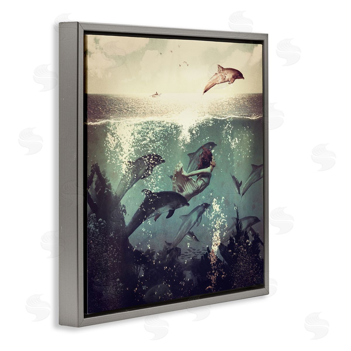 Paula Belle Flores Sea Life Mermaid Dolphins Splashing Diving Ocean Water Gray Floating Frame Canvas Wall Art Print