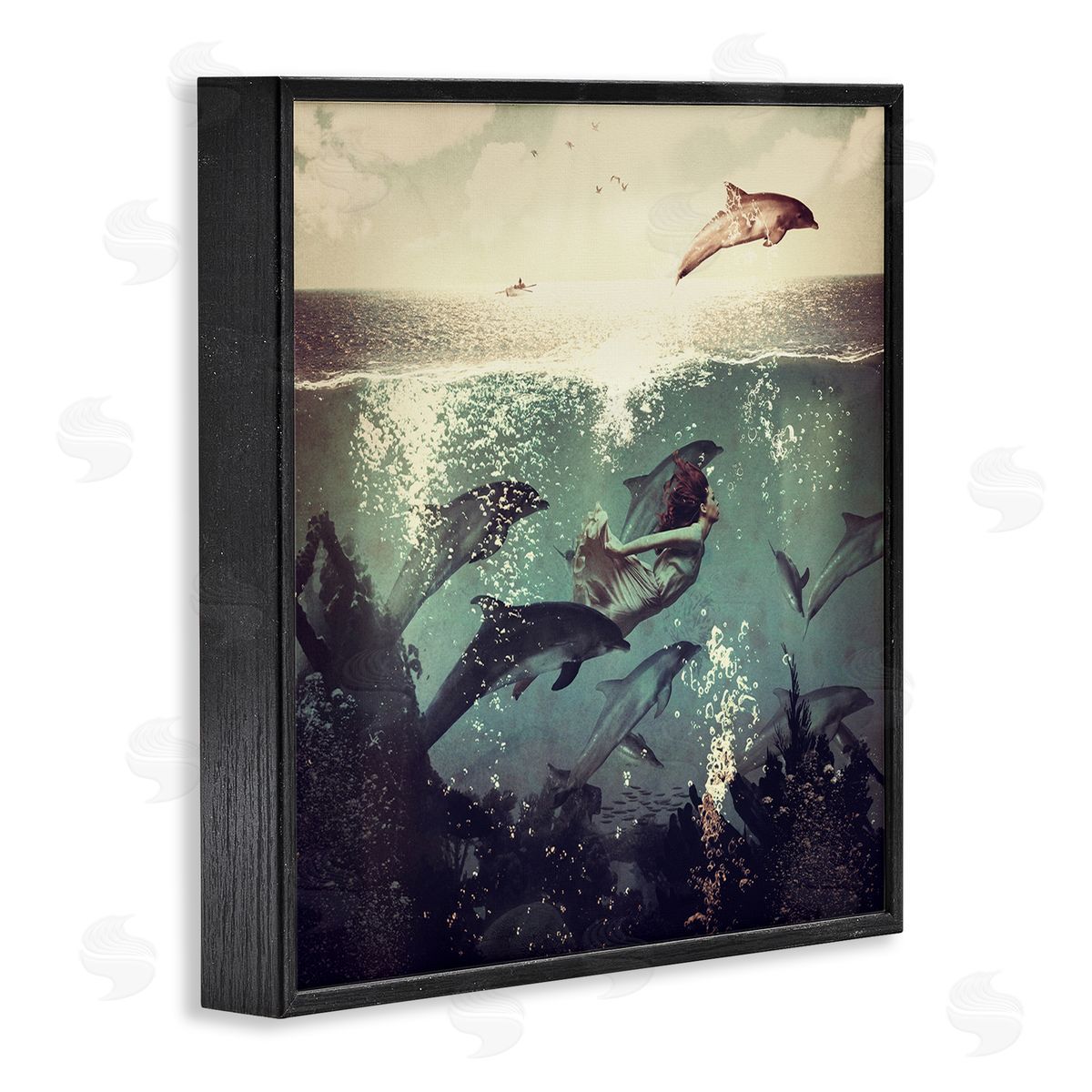 Paula Belle Flores Sea Life Mermaid Dolphins Splashing Diving Ocean Water Black Framed Glicee Wall Art Print
