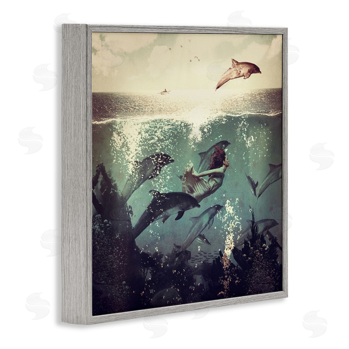 Paula Belle Flores Sea Life Mermaid Dolphins Splashing Diving Ocean Water Gray Framed Glicee Wall Art Print