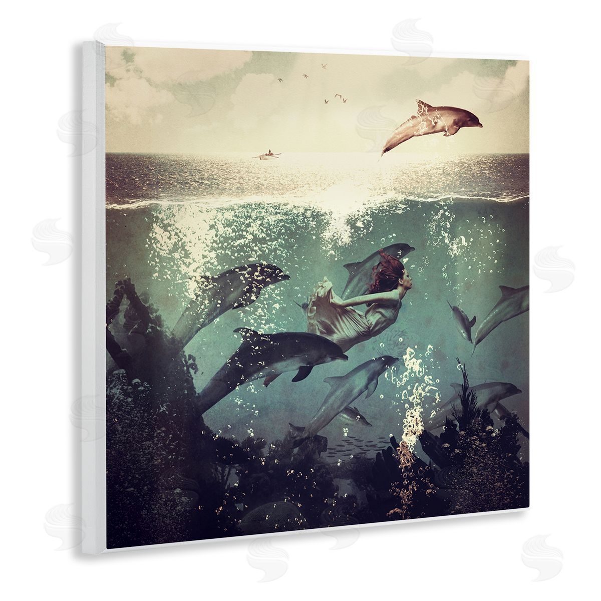 Paula Belle Flores Sea Life Mermaid Dolphins Splashing Diving Ocean Water Wooden Wall Plaque Art Print