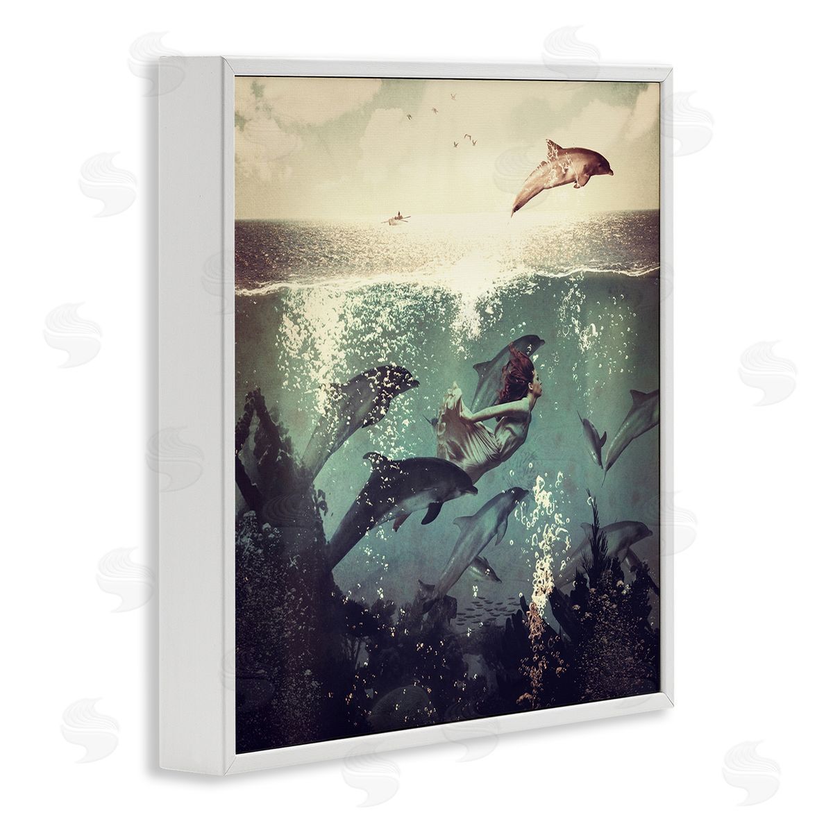 Paula Belle Flores Sea Life Mermaid Dolphins Splashing Diving Ocean Water White Framed Glicee Wall Art Print