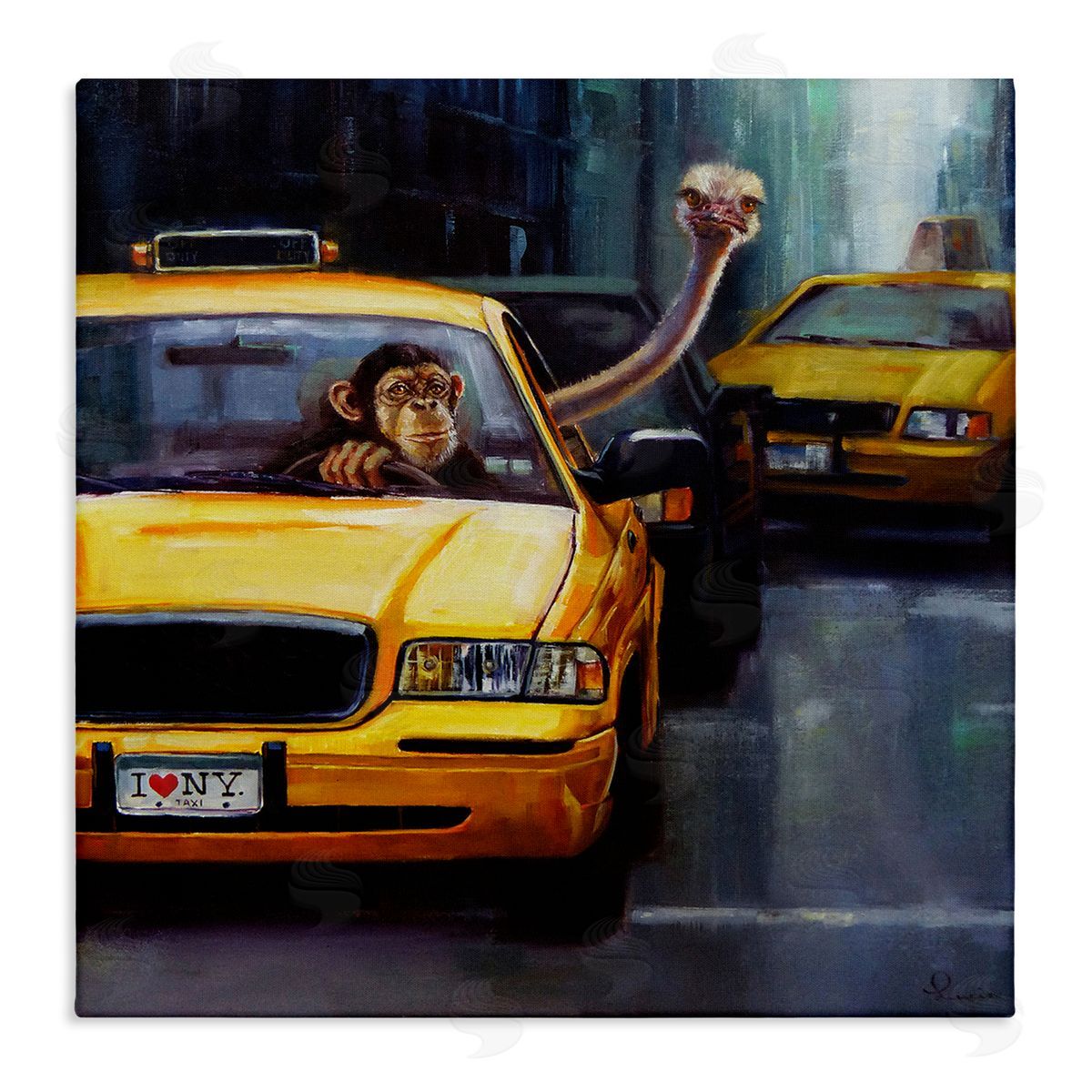 Lucia Heffernan Quirky Ostrich Monkey Taxi New York Traffic  Stretched Canvas Wall Art Print