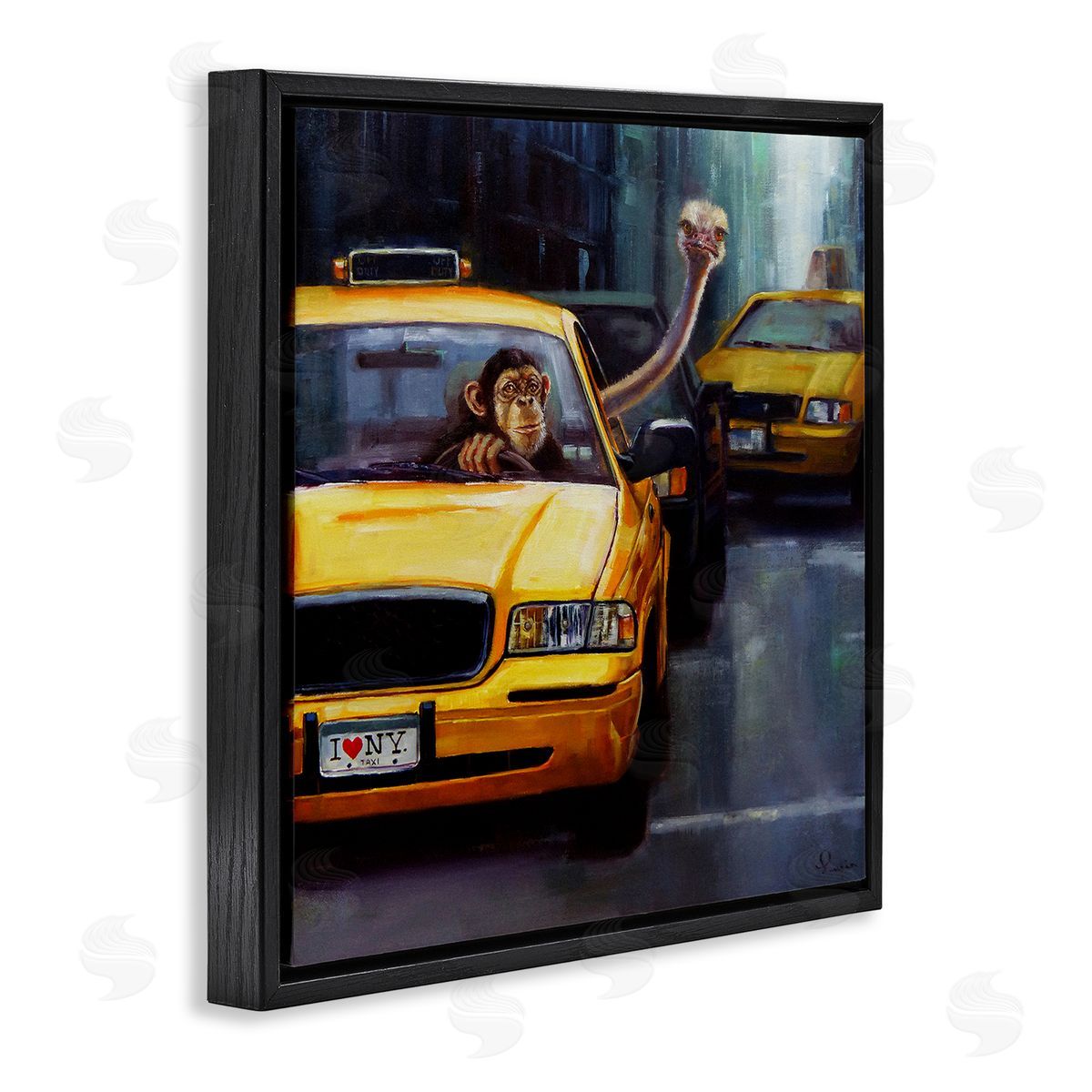 Lucia Heffernan Quirky Ostrich Monkey Taxi New York Traffic  Black Floating Frame Canvas Wall Art Print