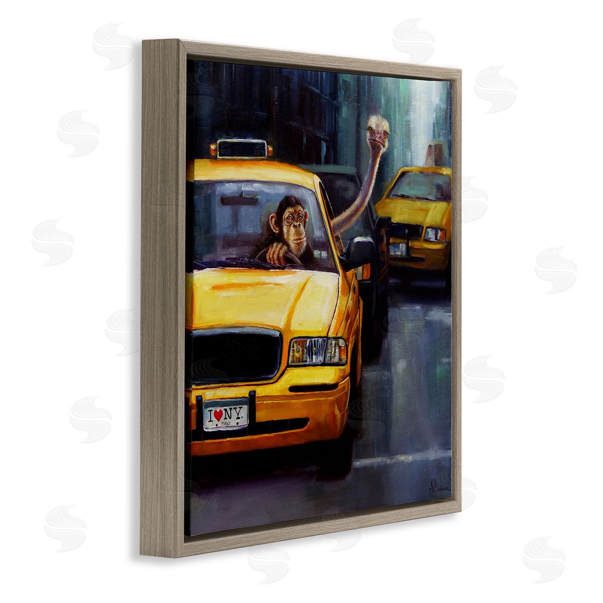 Lucia Heffernan Quirky Ostrich Monkey Taxi New York Traffic  Brown Floating Frame Canvas Wall Art Print