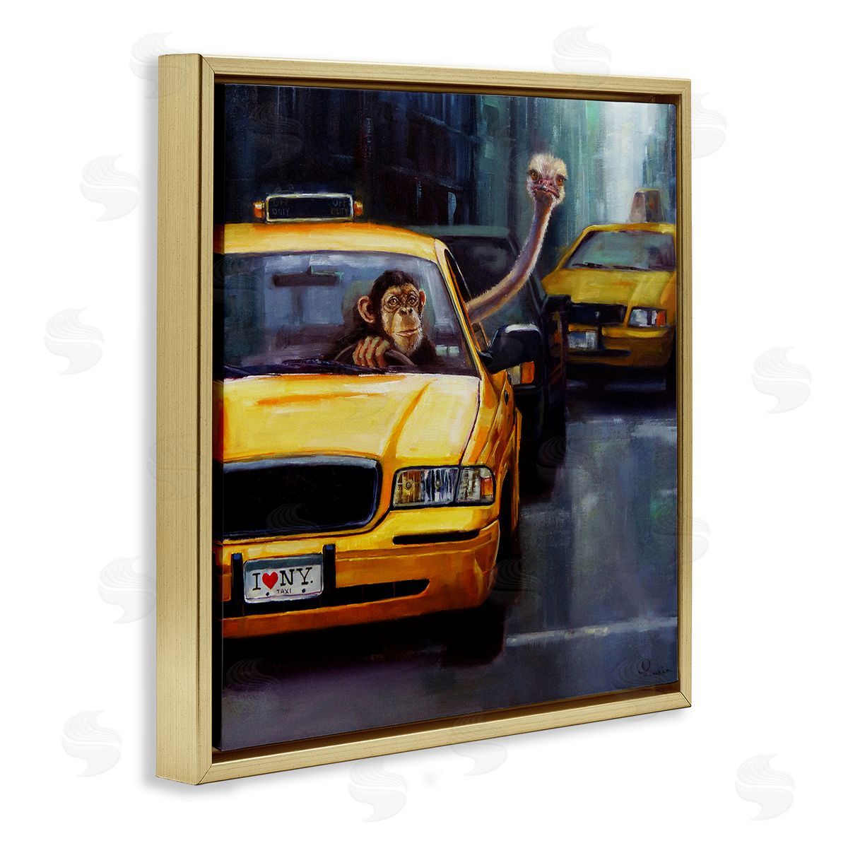 Lucia Heffernan Quirky Ostrich Monkey Taxi New York Traffic  Gold Floating Frame Canvas Wall Art Print
