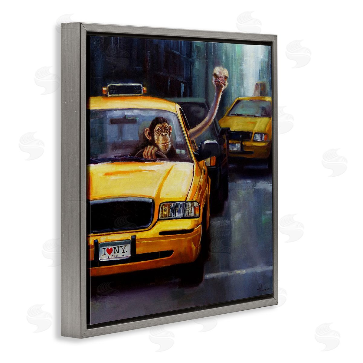 Lucia Heffernan Quirky Ostrich Monkey Taxi New York Traffic  Gray Floating Frame Canvas Wall Art Print