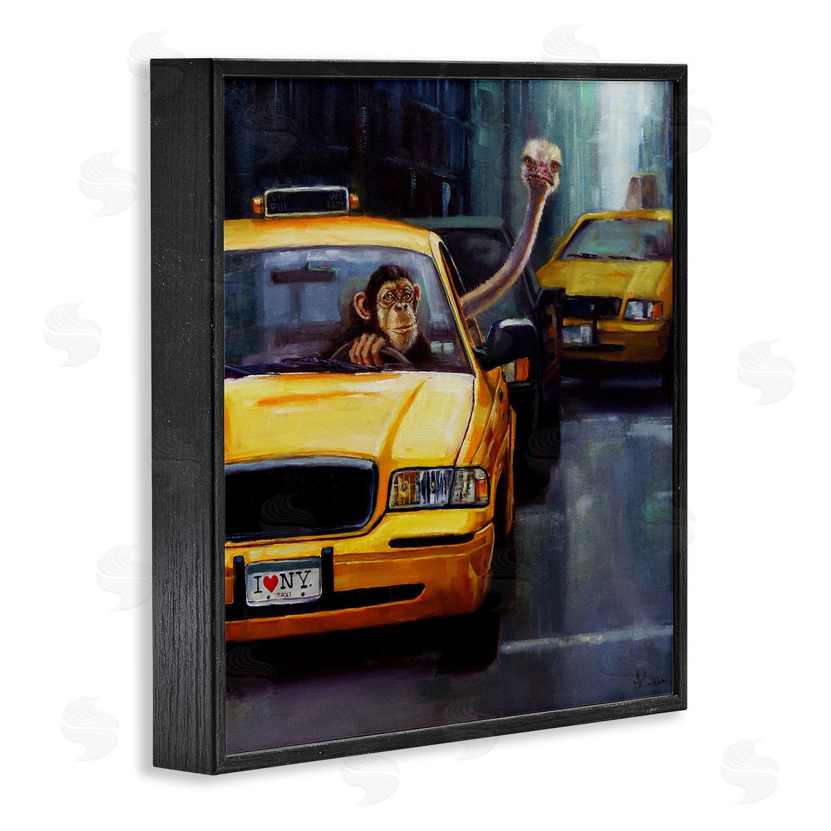 Lucia Heffernan Quirky Ostrich Monkey Taxi New York Traffic  Black Framed Glicee Wall Art Print