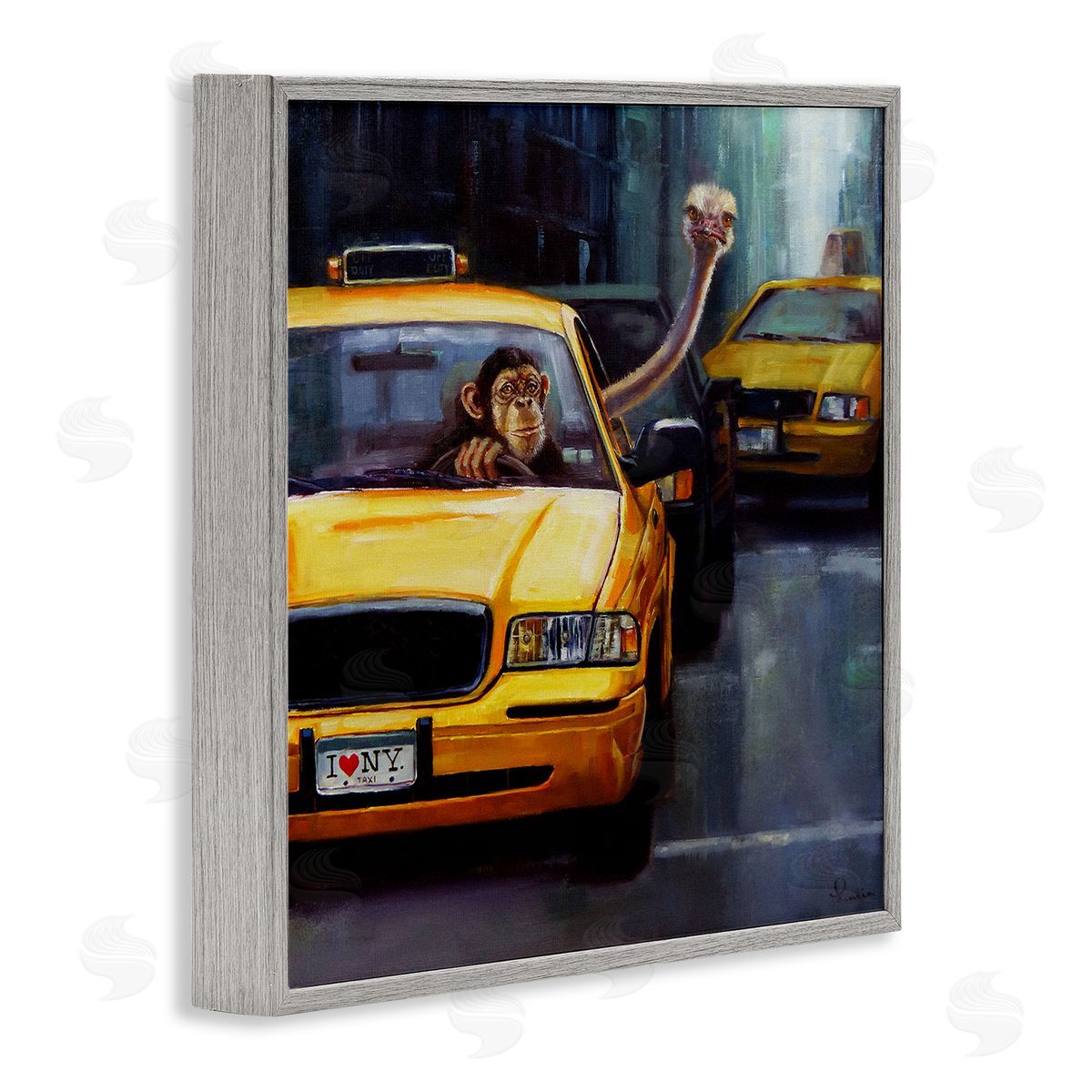 Lucia Heffernan Quirky Ostrich Monkey Taxi New York Traffic  Gray Framed Glicee Wall Art Print