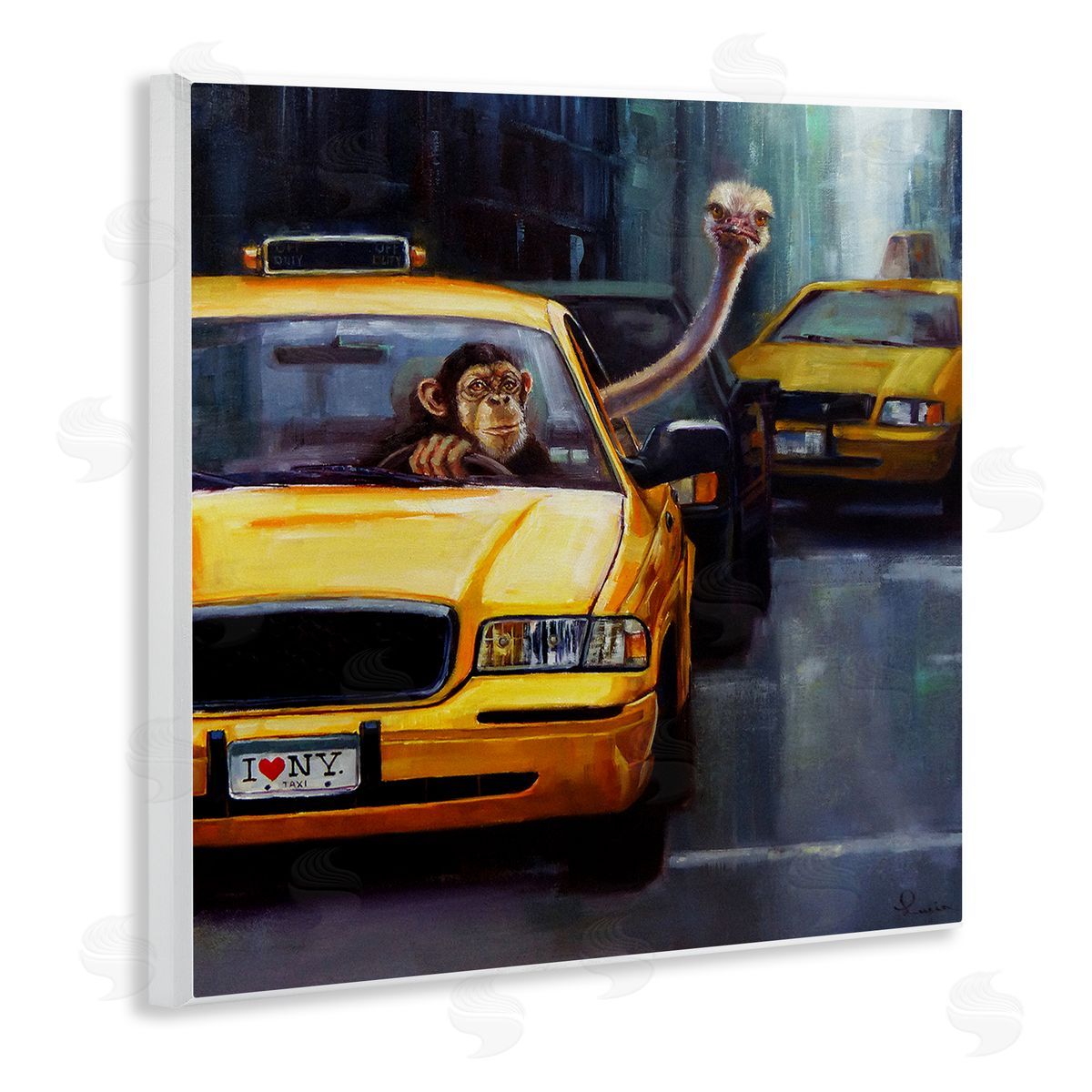 Lucia Heffernan Quirky Ostrich Monkey Taxi New York Traffic  Wooden Wall Plaque Art Print