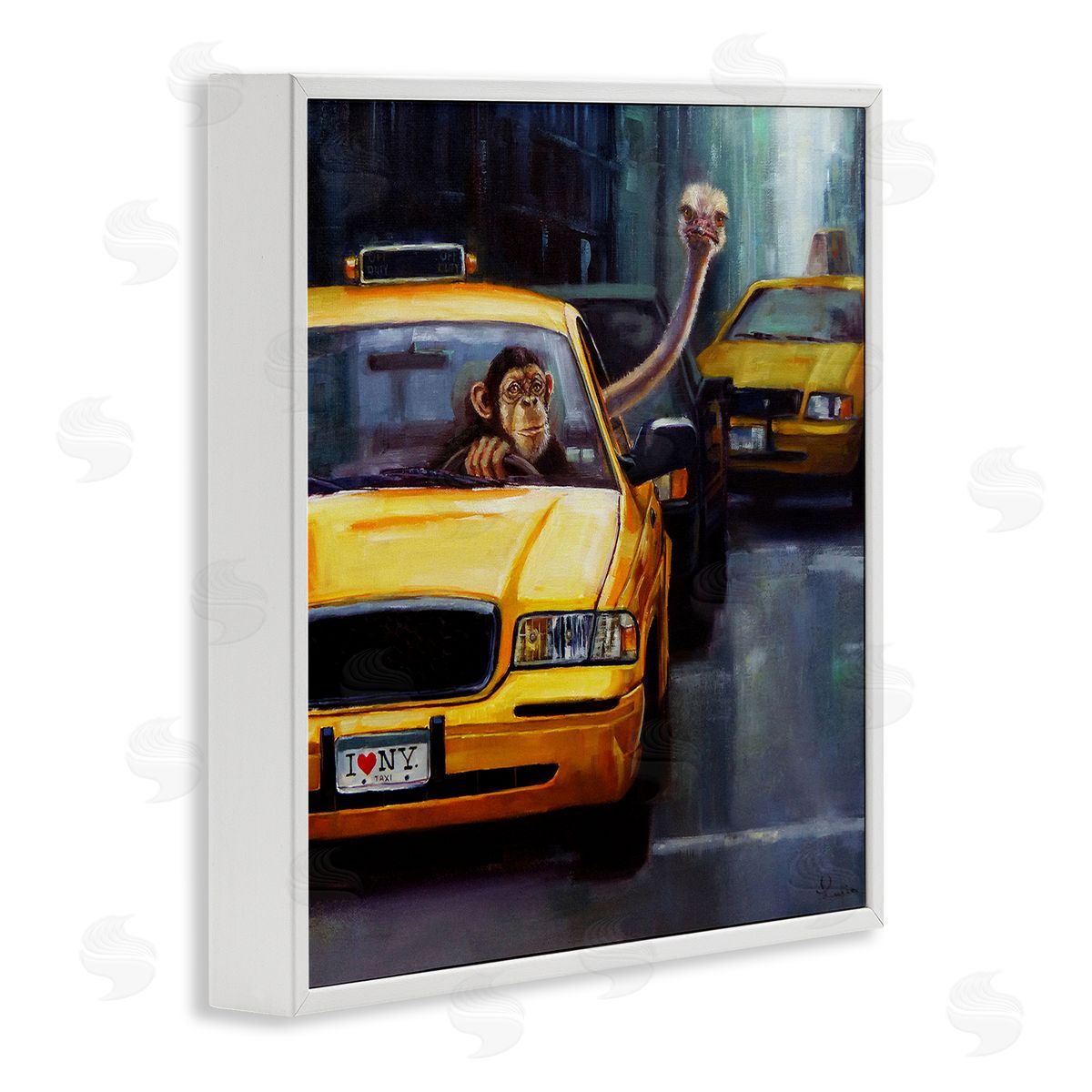 Lucia Heffernan Quirky Ostrich Monkey Taxi New York Traffic  White Framed Glicee Wall Art Print