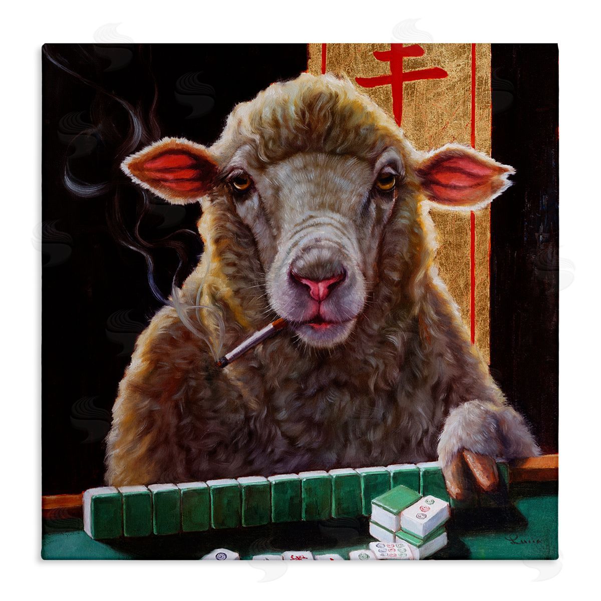 Lucia Heffernan Sheep Playing Mahjong Tile Game Smoking Animal Stretched Canvas Wall Art Print
