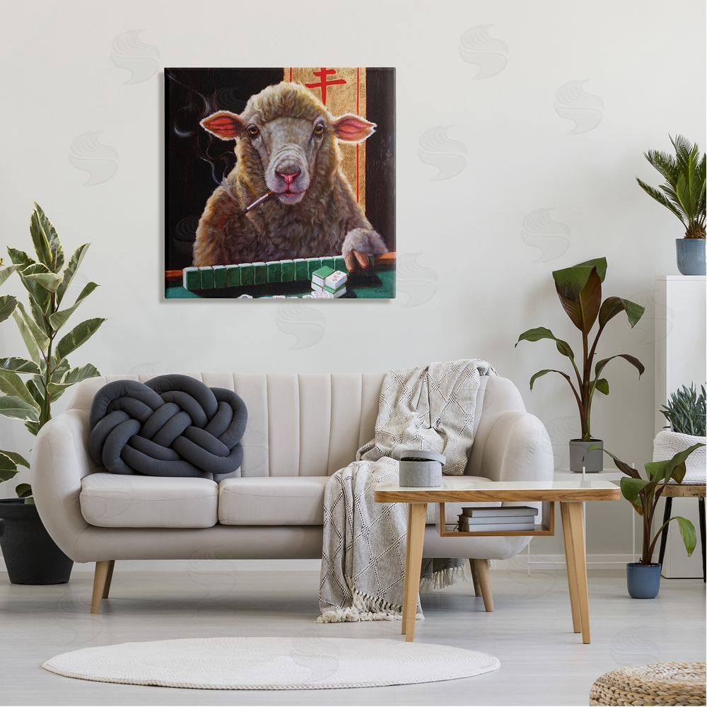 Lucia Heffernan Sheep Playing Mahjong Tile Game Smoking Animal Canvas Wall Art in Room
