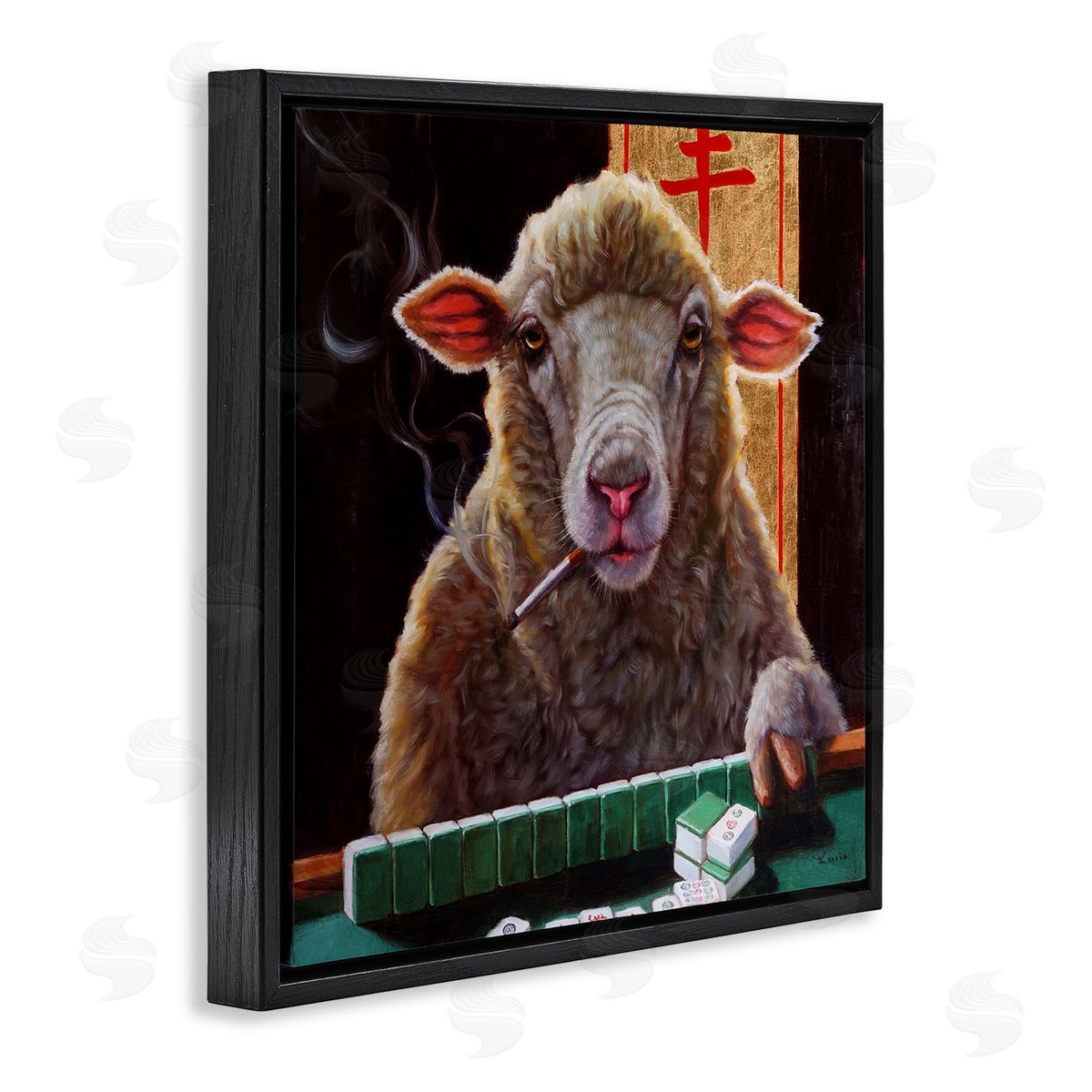Lucia Heffernan Sheep Playing Mahjong Tile Game Smoking Animal Black Floating Frame Canvas Wall Art Print