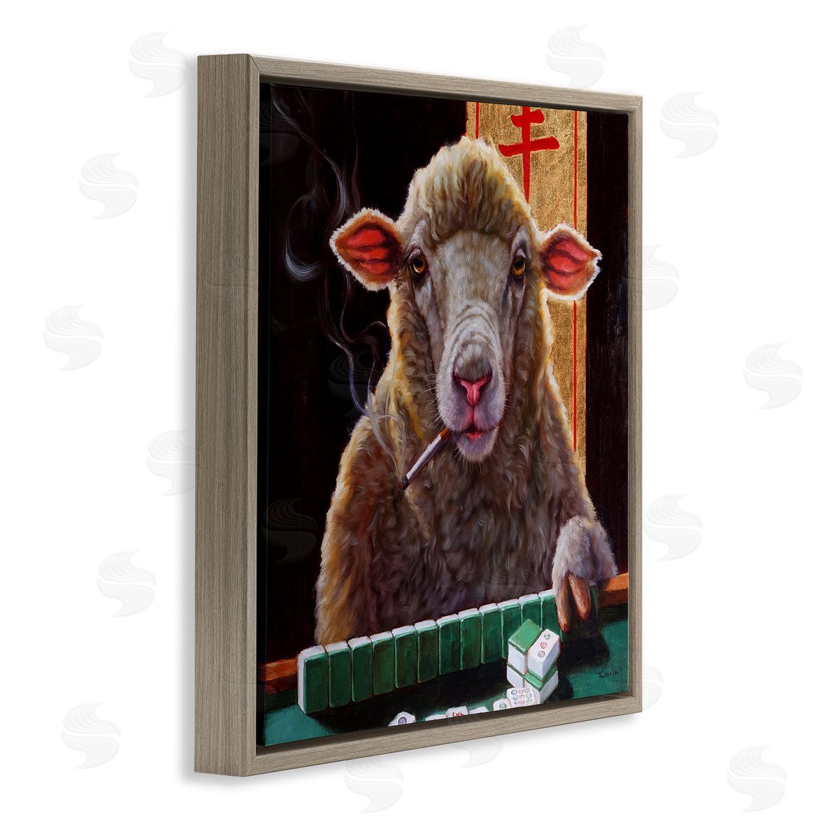 Lucia Heffernan Sheep Playing Mahjong Tile Game Smoking Animal Brown Floating Frame Canvas Wall Art Print