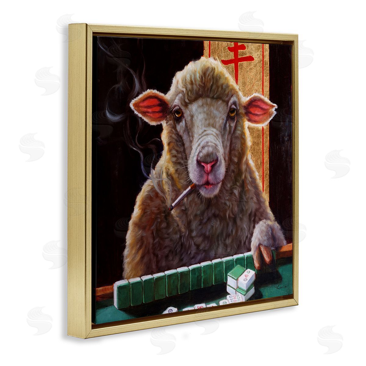 Lucia Heffernan Sheep Playing Mahjong Tile Game Smoking Animal Gold Floating Frame Canvas Wall Art Print