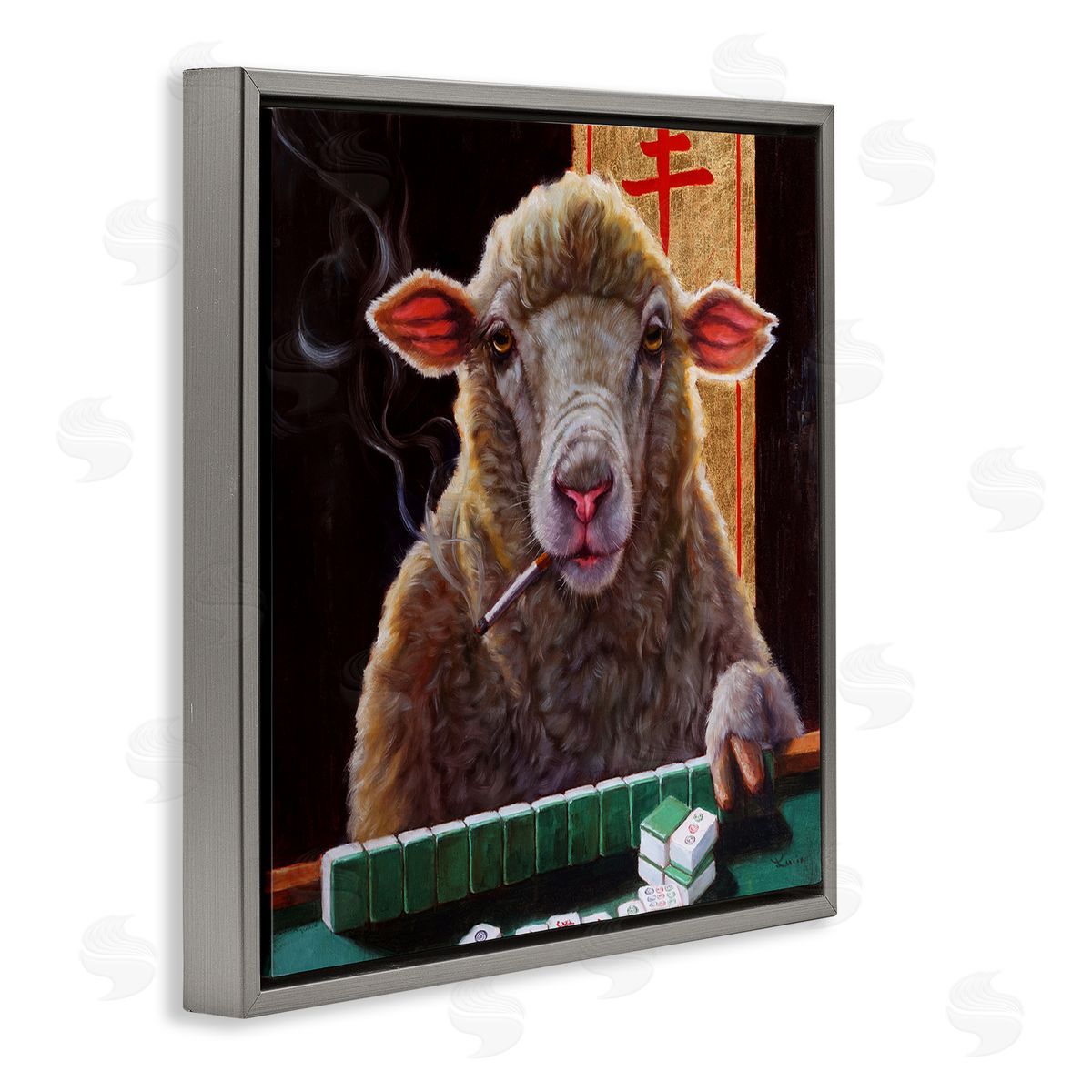Lucia Heffernan Sheep Playing Mahjong Tile Game Smoking Animal Gray Floating Frame Canvas Wall Art Print