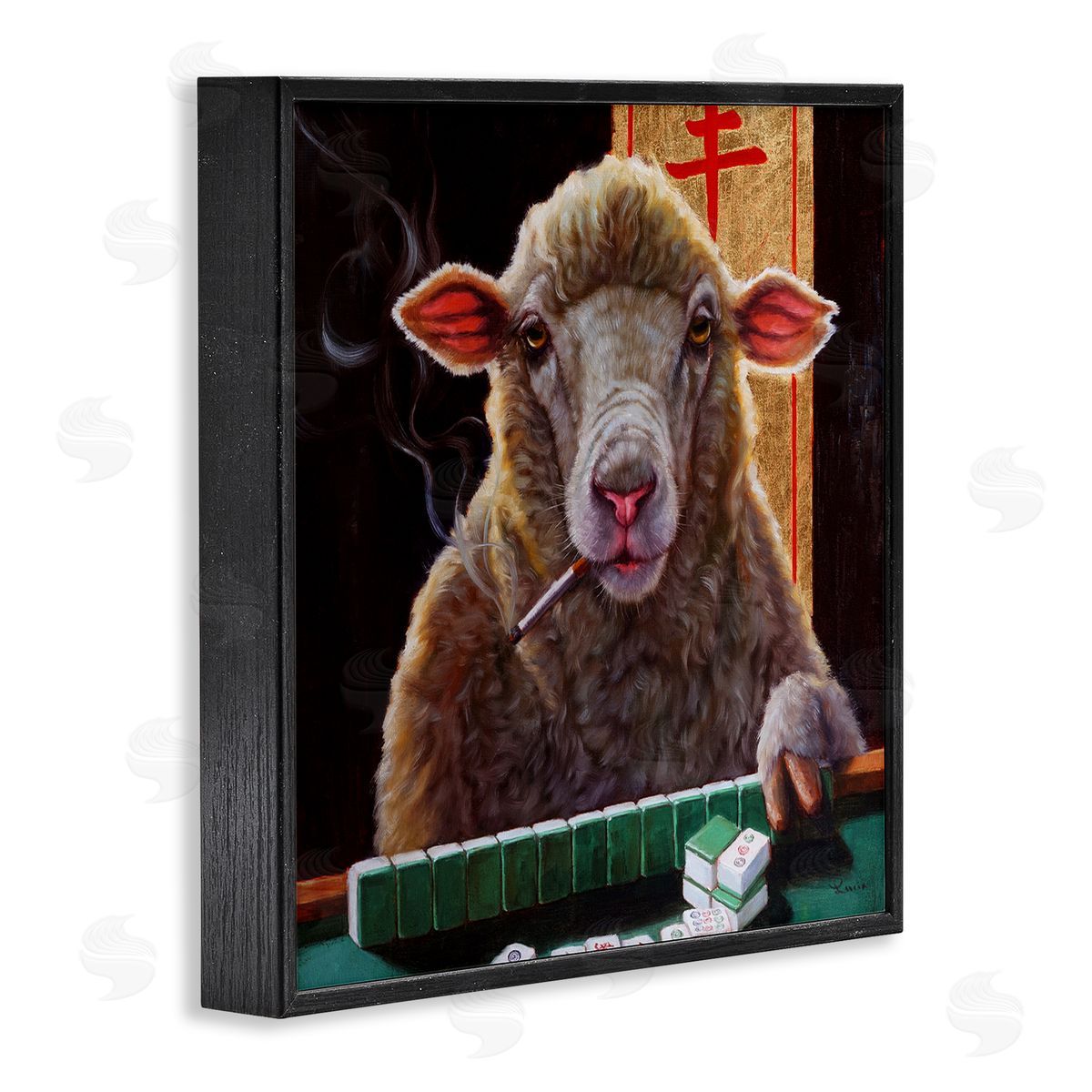 Lucia Heffernan Sheep Playing Mahjong Tile Game Smoking Animal Black Framed Glicee Wall Art Print