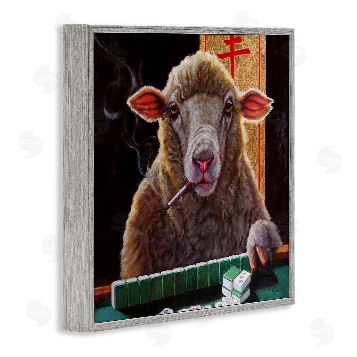 Lucia Heffernan Sheep Playing Mahjong Tile Game Smoking Animal Gray Framed Glicee Wall Art Print