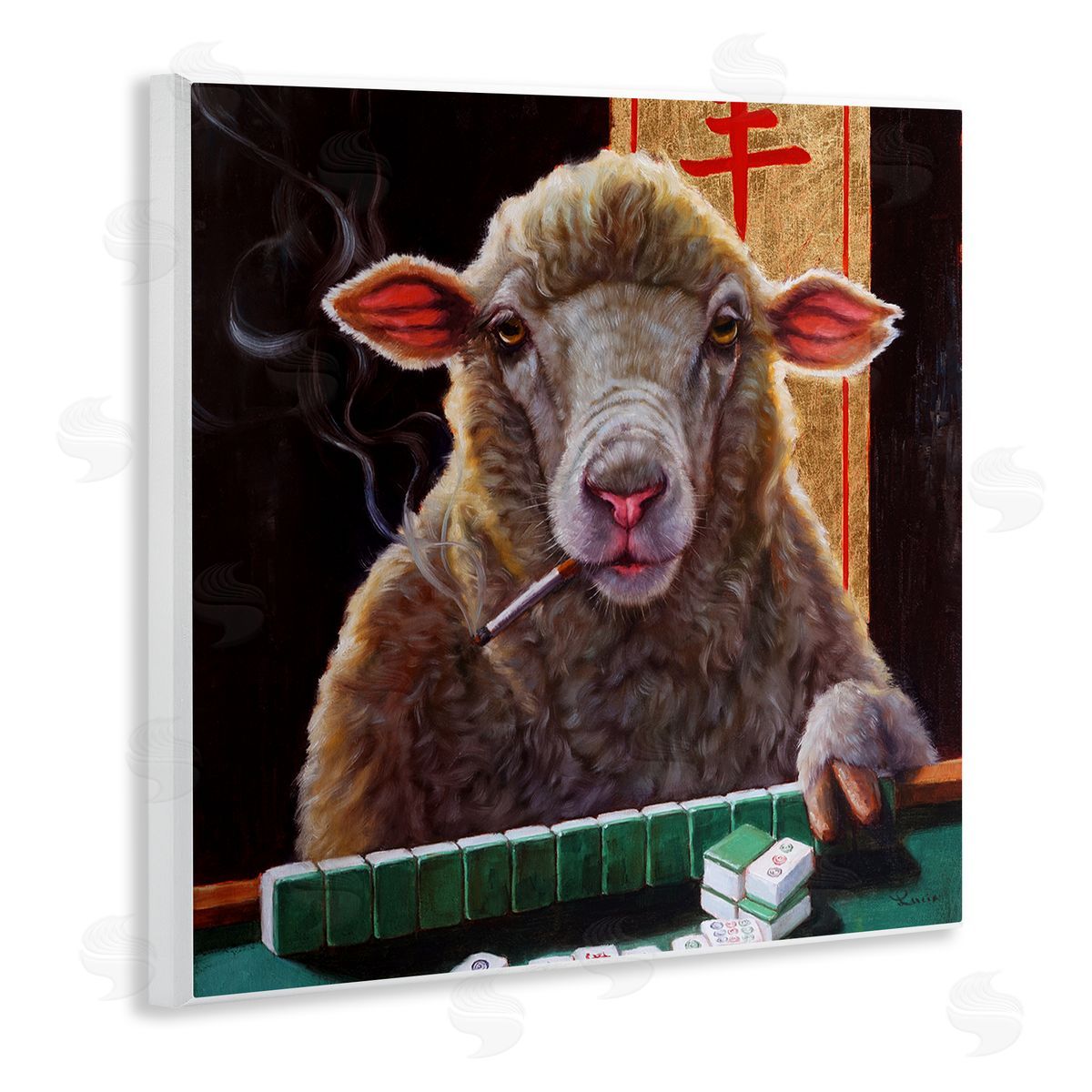 Lucia Heffernan Sheep Playing Mahjong Tile Game Smoking Animal Wooden Wall Plaque Art Print