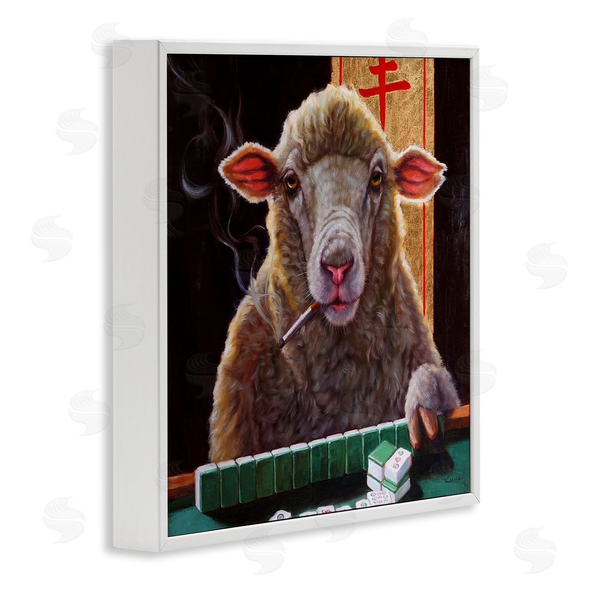 Lucia Heffernan Sheep Playing Mahjong Tile Game Smoking Animal White Framed Glicee Wall Art Print