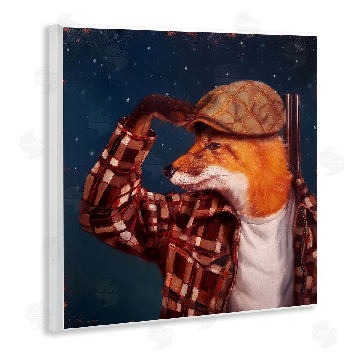 Lucia Heffernan Red Fox Tartan Plaid Fashion Cap Nighttime Sky Wooden Wall Plaque Art Print