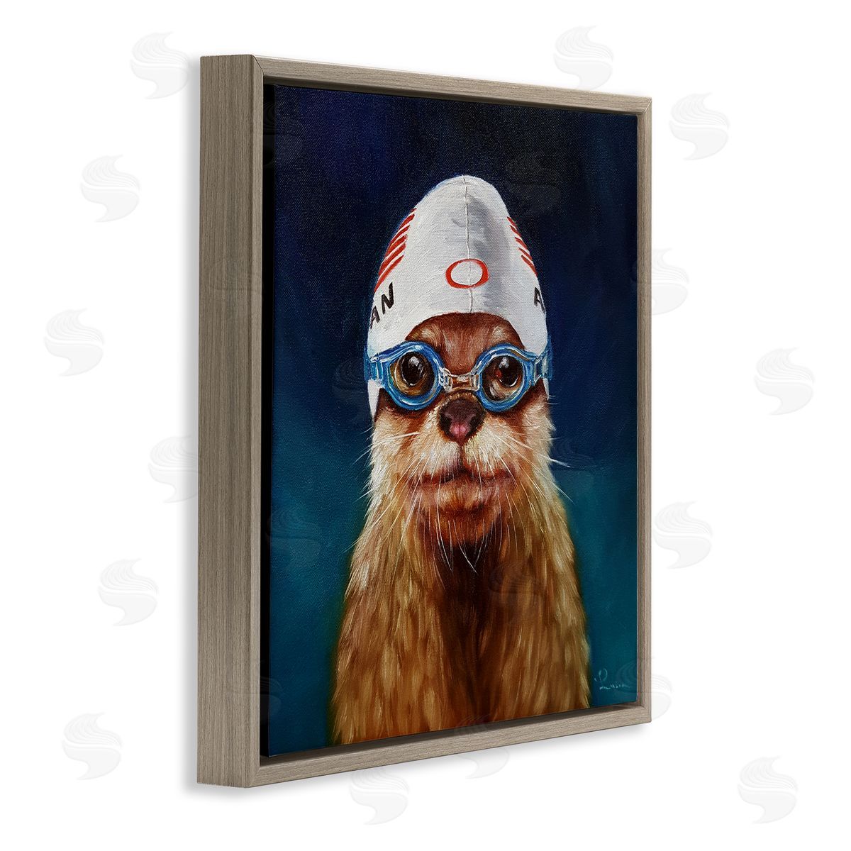 Lucia Heffernan Sea Lion Seal Swimmer Cap Goggles Painting  Brown Floating Frame Canvas Wall Art Print