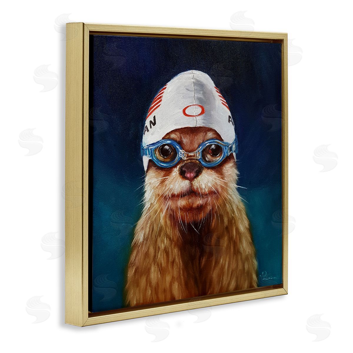 Lucia Heffernan Sea Lion Seal Swimmer Cap Goggles Painting  Gold Floating Frame Canvas Wall Art Print