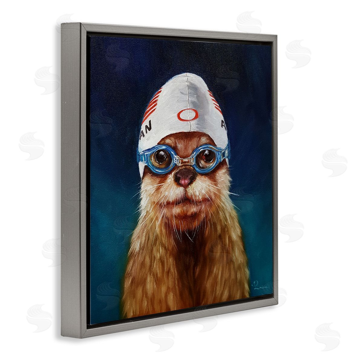 Lucia Heffernan Sea Lion Seal Swimmer Cap Goggles Painting  Gray Floating Frame Canvas Wall Art Print
