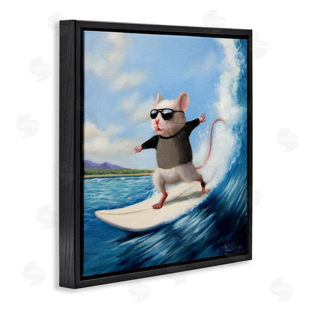 Cool Surfer Mouse Blue Ocean Waves Black Floating Frame Canvas Wall Art, Home Decor by Lucia Heffernan