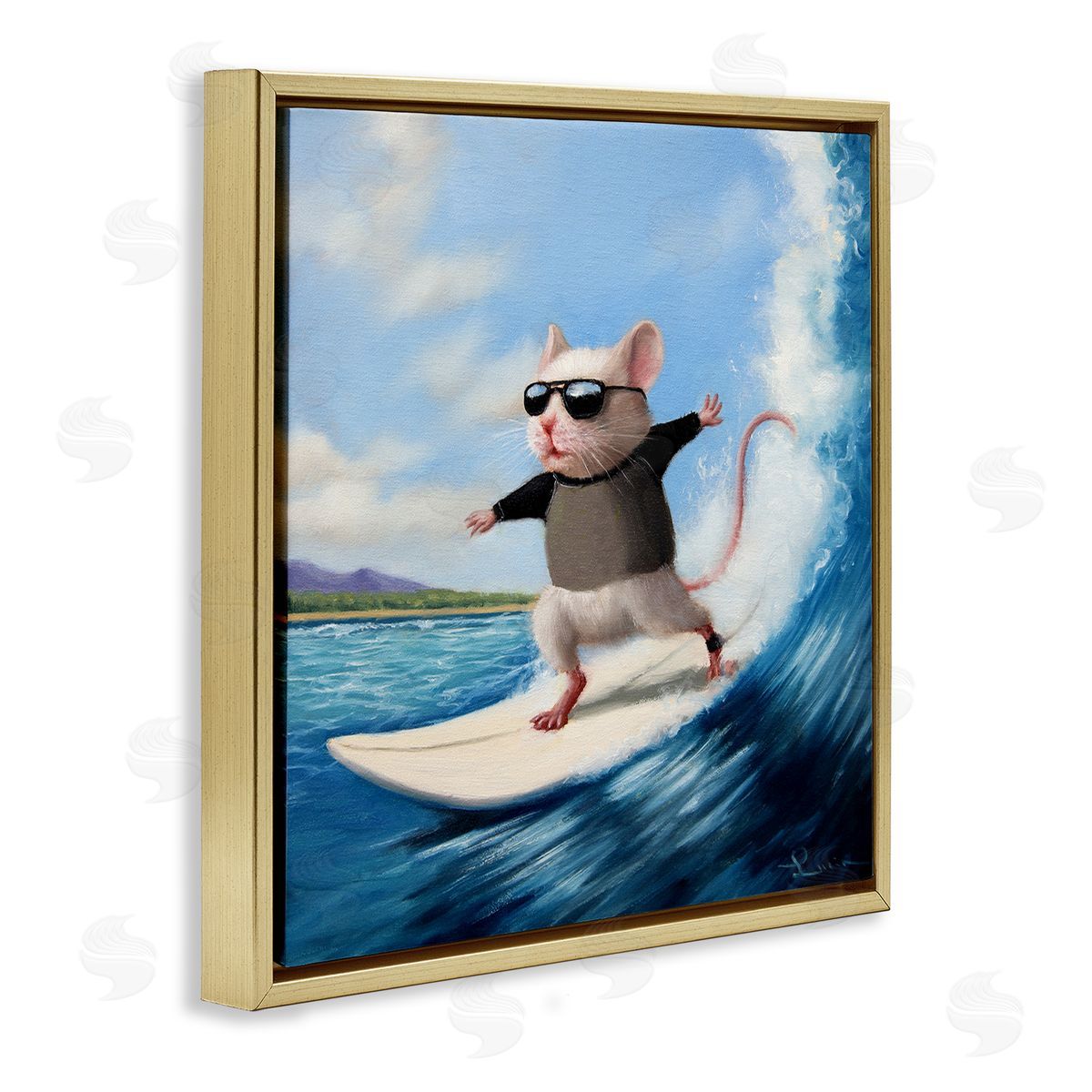Cool Surfer Mouse Blue Ocean Waves Gold Floating Frame Canvas Wall Art, Home Decor by Lucia Heffernan