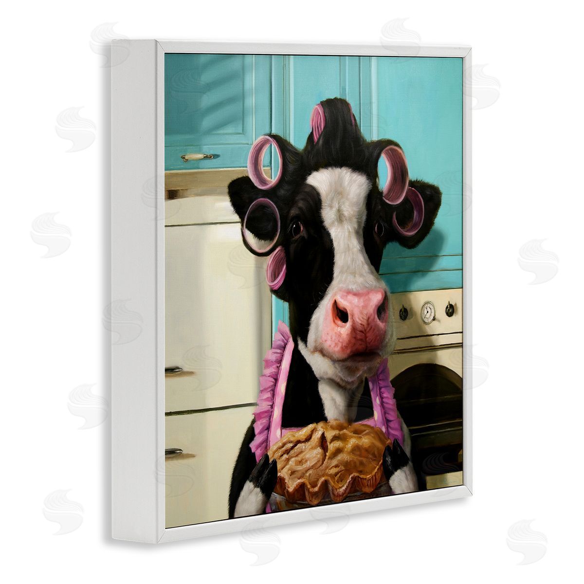 Glamorous Cow Baking Pie White Frame Print Wall Art, Home Decor by Lucia Heffernan